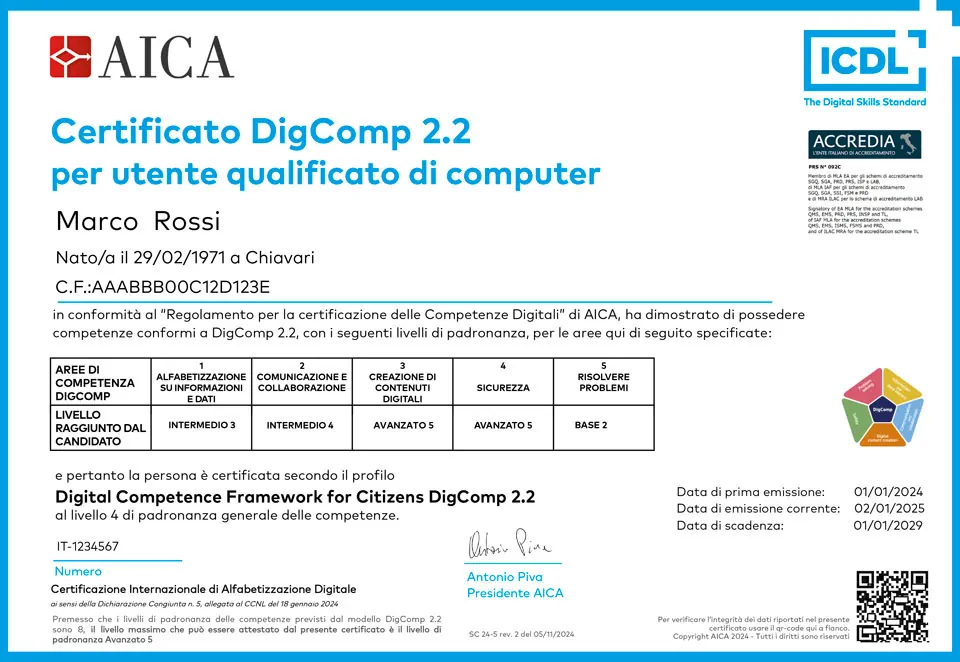 Certificato DigComp 2.2 per utente qualificato di computer